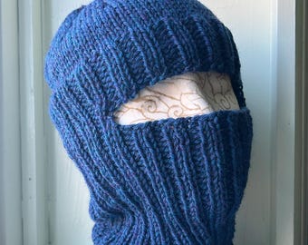 Balaclava wool, dark lapis blue handknit ski facemask, helmet liner