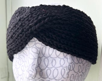 Wool headband ear warmer black handknit, size Small