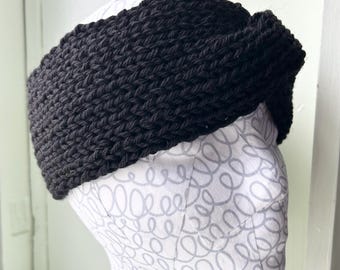 Wool headband ear warmer black handknit, size Large