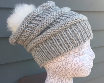 Hat wool hand knit - slouchy beanie grey gray wool faux fur pompom