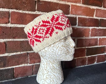 Headband wool ivory red handknit Nordic snowflake