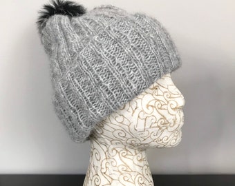 Hat hand knit alpaca - grey gray slouchy faux fur pompom