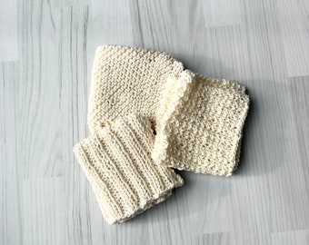 Washcloths (3) Cotton spa scrubby cloths hand knit - neutral ivory