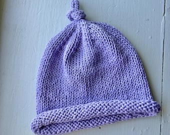 Baby hat cotton beanie, hand knit, lilac lavender purple, size 3-6 months