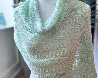 Scarf shawl, hand knit wool wrap, pale light green white