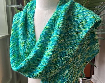 Scarf shawl, hand knit wool wrap, turquoise, green, white and blue