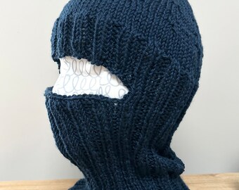 Wool Balaclava,  navy blue handknit ski facemask, helmet liner, handmade