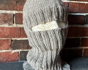 Balaclava wool, medium gray handknit ski facemask, helmet liner