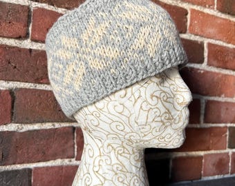 Headband wool gray ivory handknit Nordic snowflake