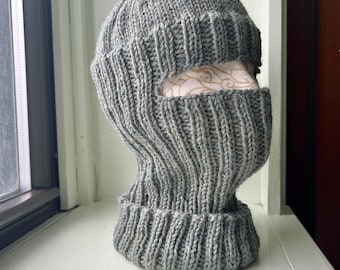 Wool Balaclava, grey blue green handknit ski facemask, helmet liner, handmade