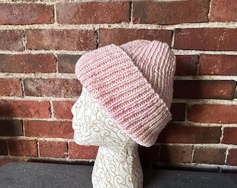 Wool hat, hand knit pink classic ribbed hat, handmade