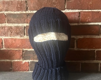 Balaclava wool navy blue handknit ski facemask, helmet liner