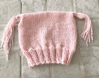 Baby hat wool beanie hand knit - light pink wool tassels size 3-6 months