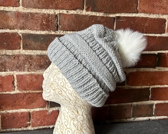Wool hat, hand knit grey beanie, handmade