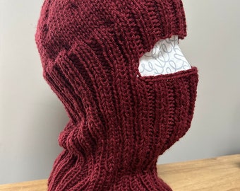 Balaclava handknit ski facemask brick red helmet liner