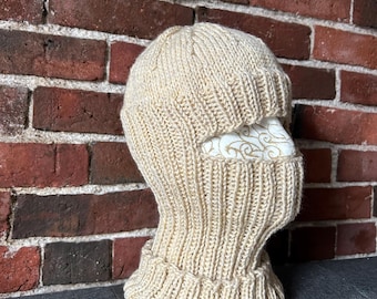 Wool Balaclava, ivory handknit ski facemask, helmet liner, handmade