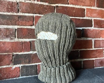 Balaclava wool, olive green brown handknit ski facemask, helmet liner