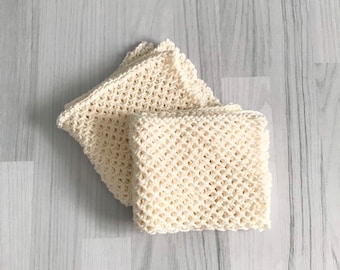 Washcloths (2) Cotton spa cloths hand knitted neutral ivory