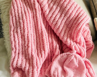 Baby blanket and hat pink handknit washable wool