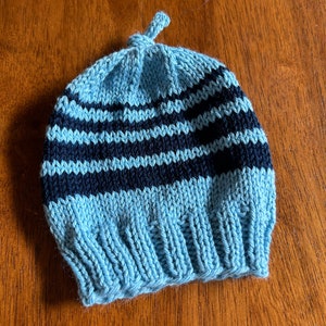 Baby hat beanie hand knit blue with navy stripes wool size 3-6 months image 6