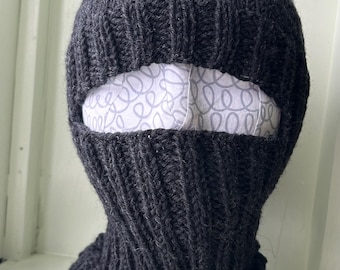 Wool Balaclava, black, handknit ski facemask, helmet liner, handmade