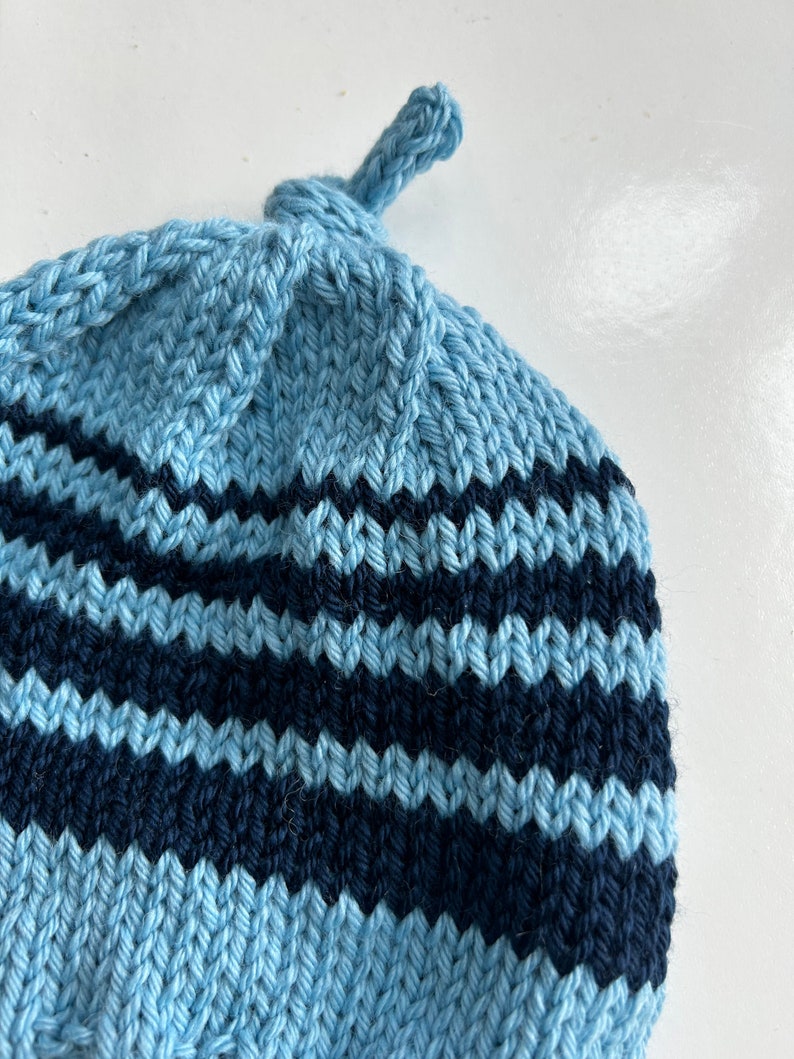 Baby hat beanie hand knit blue with navy stripes wool size 3-6 months image 4