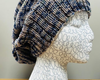 Hat Wool hand knit - slouchy beanie blue variegated hand dyed sock yarn