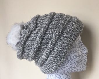 Hat hand knit tweed wool - faux fur pompom slouchy beanie grey gray white