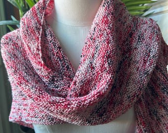 Scarf shawl, hand knit wool wrap, red, pink, white and grey