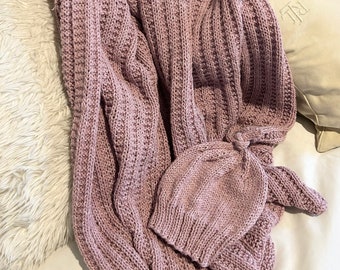 Baby blanket and hat mauve pink purple washable wool hand knit