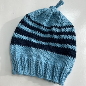 Baby hat beanie hand knit blue with navy stripes wool size 3-6 months image 9