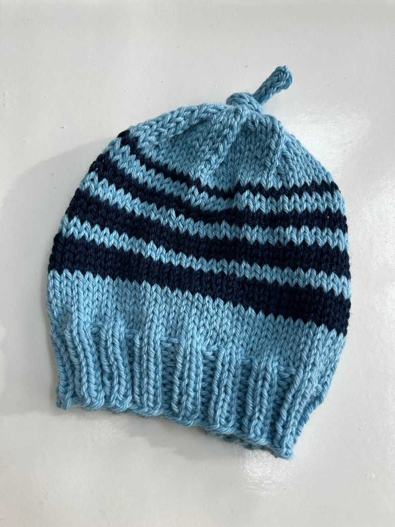 Baby hat beanie hand knit blue with navy stripes wool size 3-6 months image 9