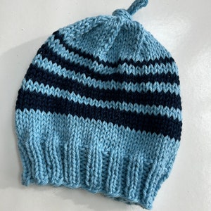 Baby hat beanie hand knit blue with navy stripes wool size 3-6 months image 2