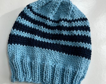 Baby hat beanie hand knit - blue with navy stripes wool size 3-6 months