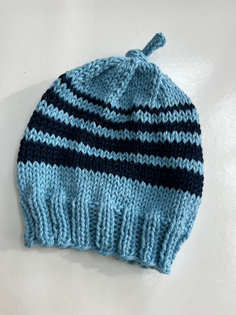 Baby hat beanie hand knit blue with navy stripes wool size 3-6 months image 2