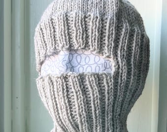 Balaclava wool, light gray handknit ski facemask, helmet liner