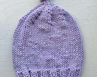 Baby hat cotton beanie, hand knit, lilac lavender purple, size 3-6 months