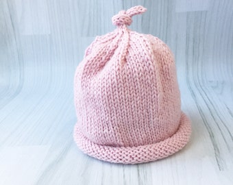 Baby hat wool beanie hand knit - light pink size 3-6 months