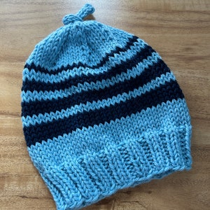 Baby hat beanie hand knit blue with navy stripes wool size 3-6 months image 5