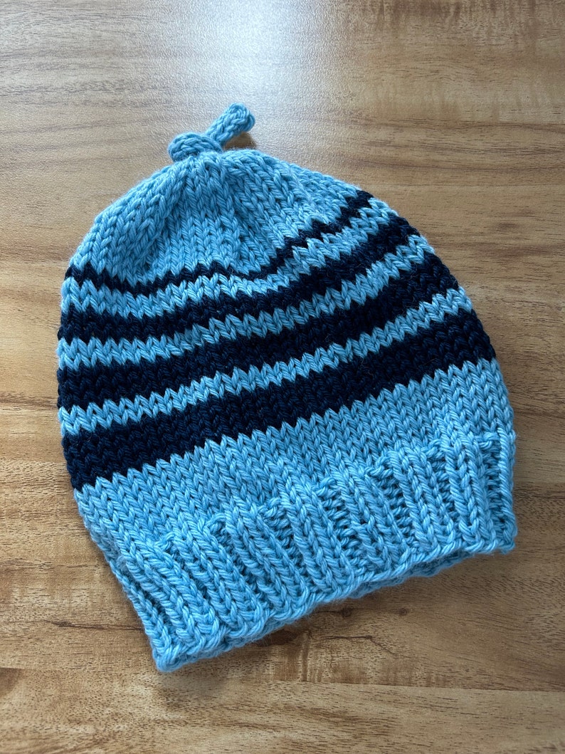Baby hat beanie hand knit blue with navy stripes wool size 3-6 months image 5