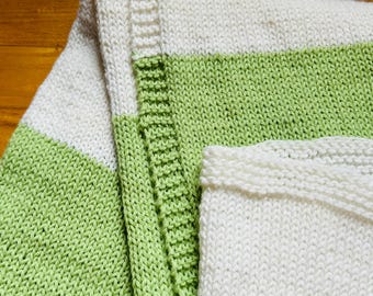 Baby blanket wool, hand knit, white and green