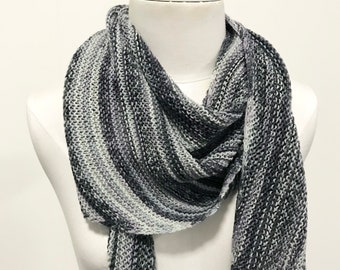 Scarf asymmetrical shawlette hand knit - wool grey gray black multi