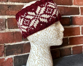 Headband wool, ear wrap, handknit Nordic snowflake, hand made