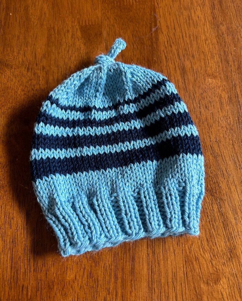 Baby hat beanie hand knit blue with navy stripes wool size 3-6 months image 10