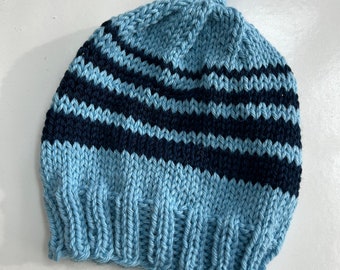 Baby hat beanie hand knit, blue with navy stripes, wool, size 3-6 months
