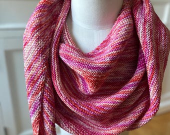 Scarf shawl, hand knit wool wrap, pink, fuschia, orange and white