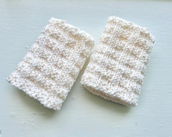 Cotton Washcloths (2) Cotton dishcloths, waffle stitch, scrubby hand knit, ivory