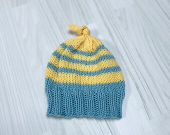 Baby hat beanie, hand knit, blue with yellow stripes, wool, size 3-6 months