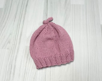 Baby hat beanie hand knit, pink, wool, size 3-6 months