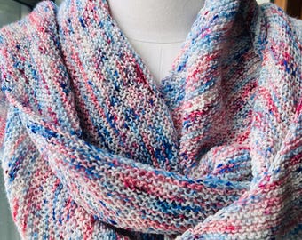 Scarf shawl, hand knit wool wrap, pink blue and white